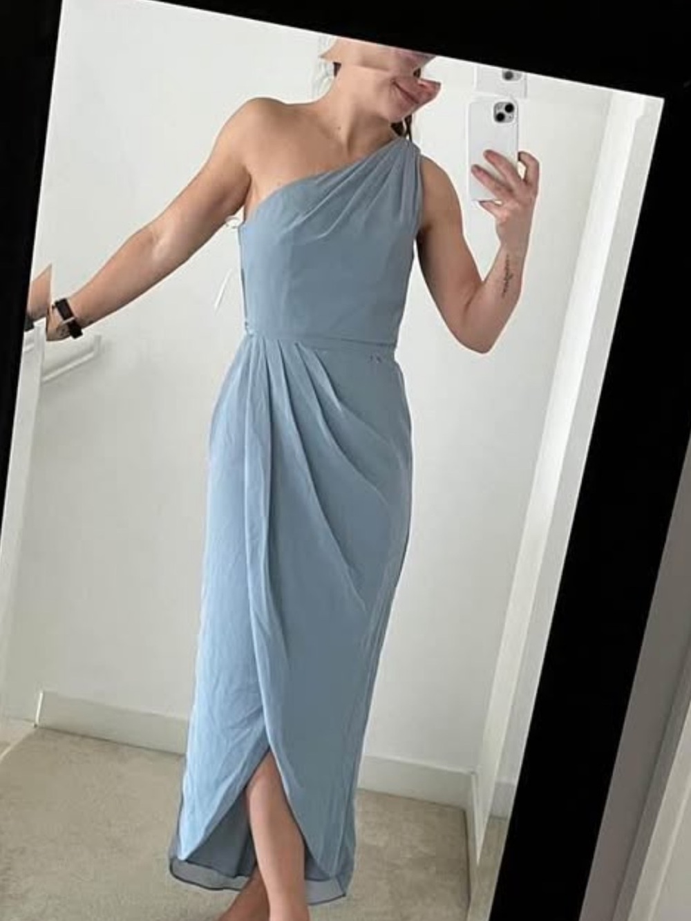 One-Shoulder Dusty Blue Midi Dress